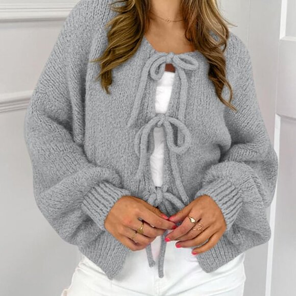 Women's Tie Front Bow Cardigan Sweaters Chunky Knit Long Puff Sleeve Trendy Fall - Picture 4 of 8